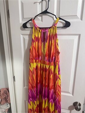 INC International Concepts Yellow Pink Orange Print Midi Dress